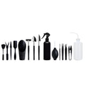 16-piece black succulent garden tool set with cushion, showing scissors, tweezers, shovels, rake, watering bottles, and air blower.