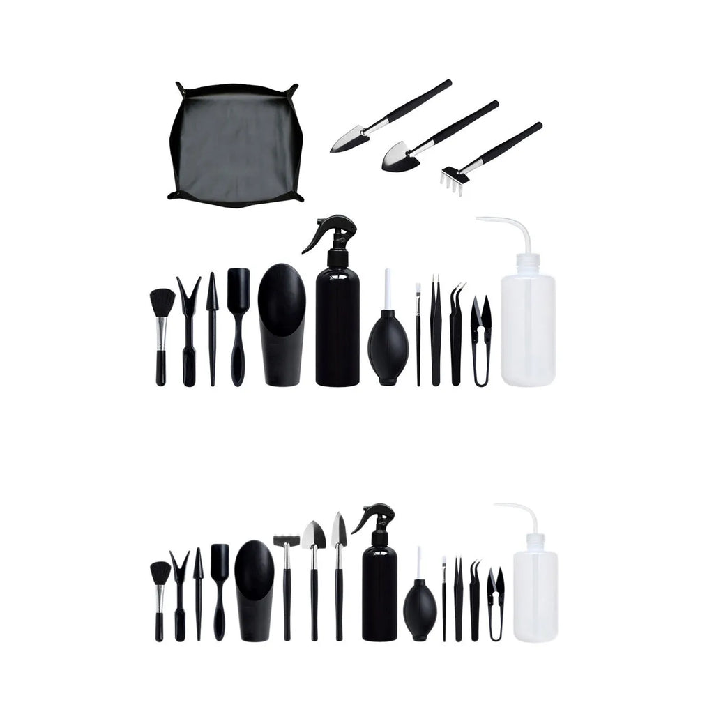 16-piece black succulent garden tool set with cushion, showing scissors, tweezers, shovels, rake, watering bottles, and air blower.