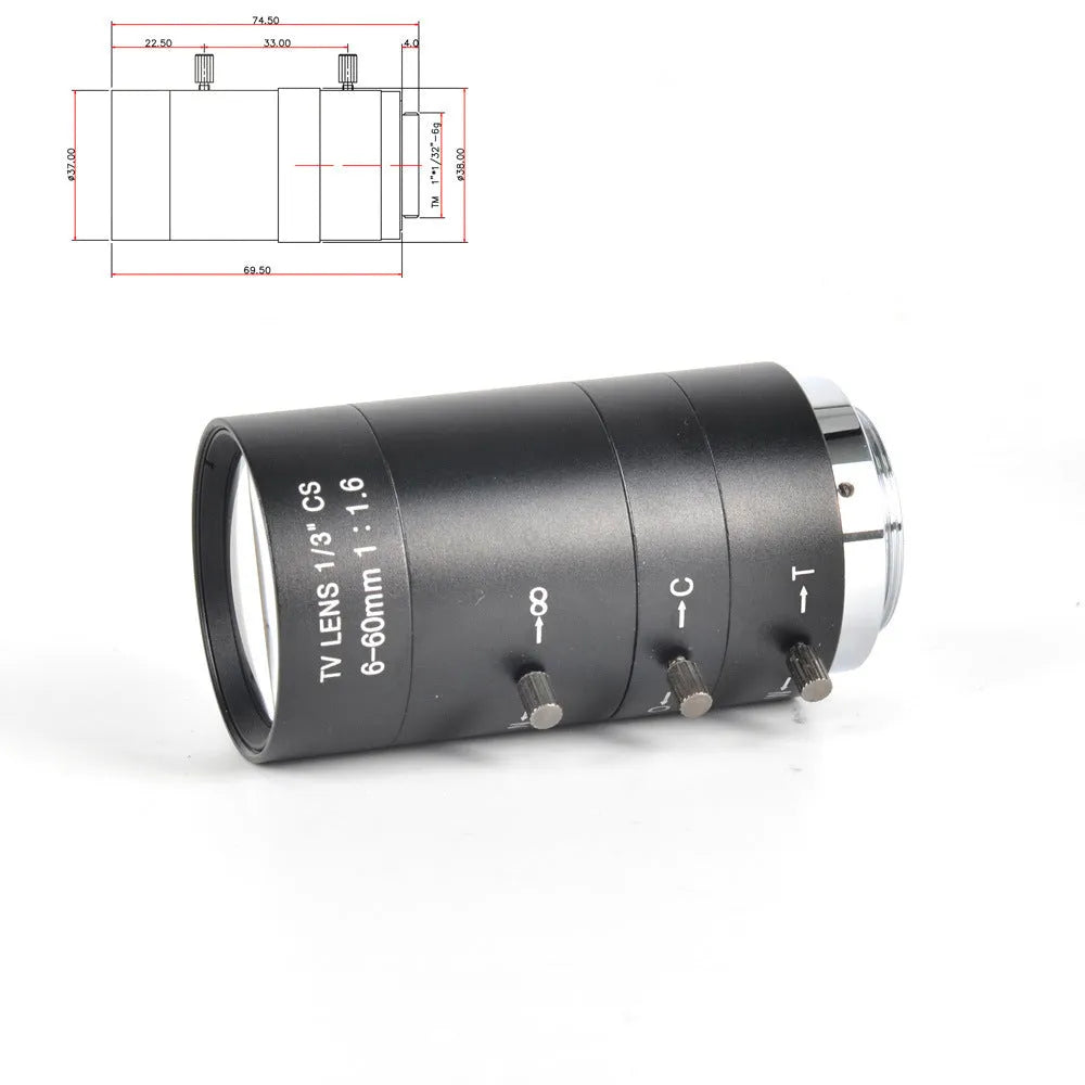 Black manual aperture 6-60mm camera lens with CS mount for 1/3" sensors