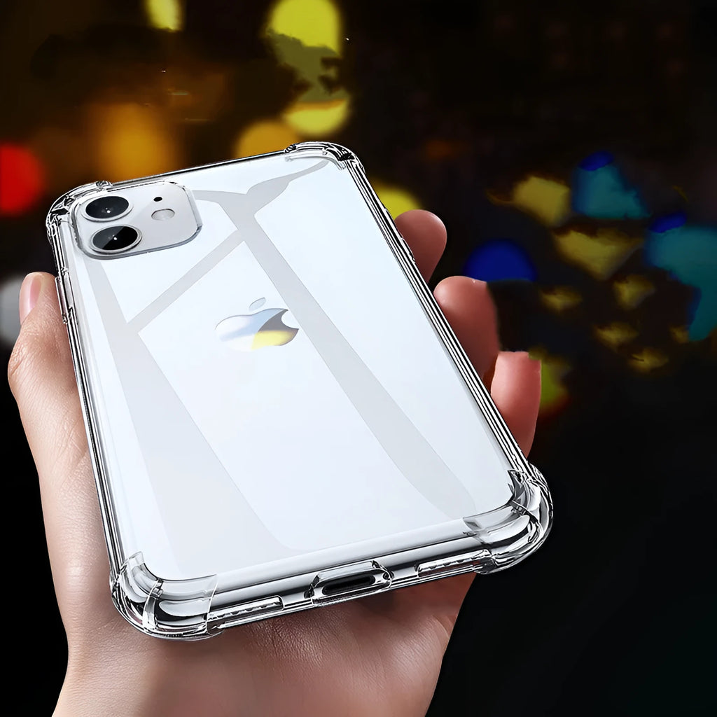 Transparent white silicone TPU shockproof case for iPhone, shown on a phone.