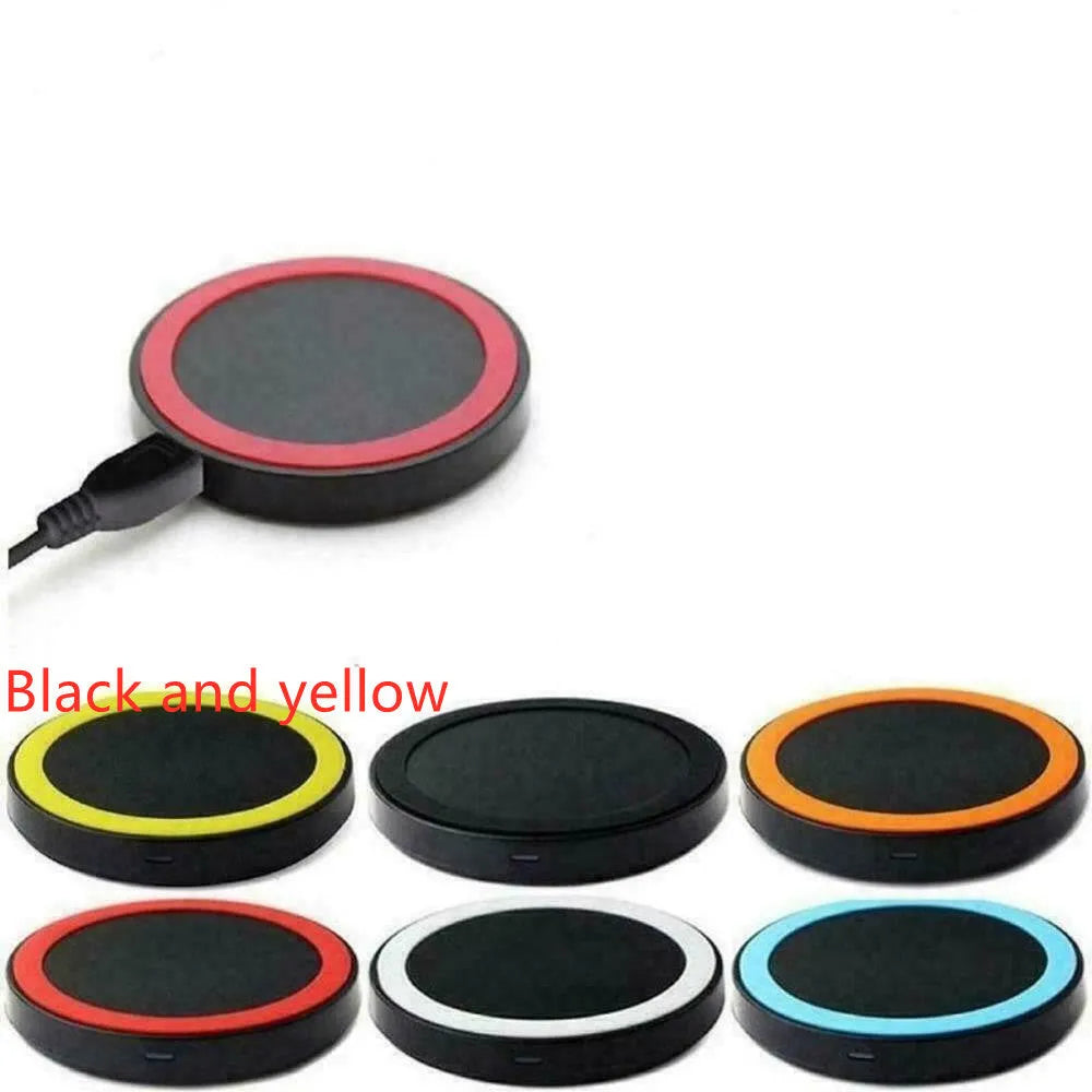 Square Qi wireless charging pad in one of six colours: black, blue, orange, red, white, or yellow.