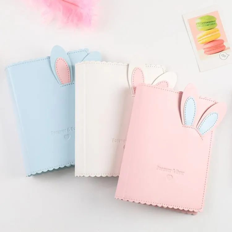Cute Bunny mini photo album in blue, pink, or white showing compact size and PU cover