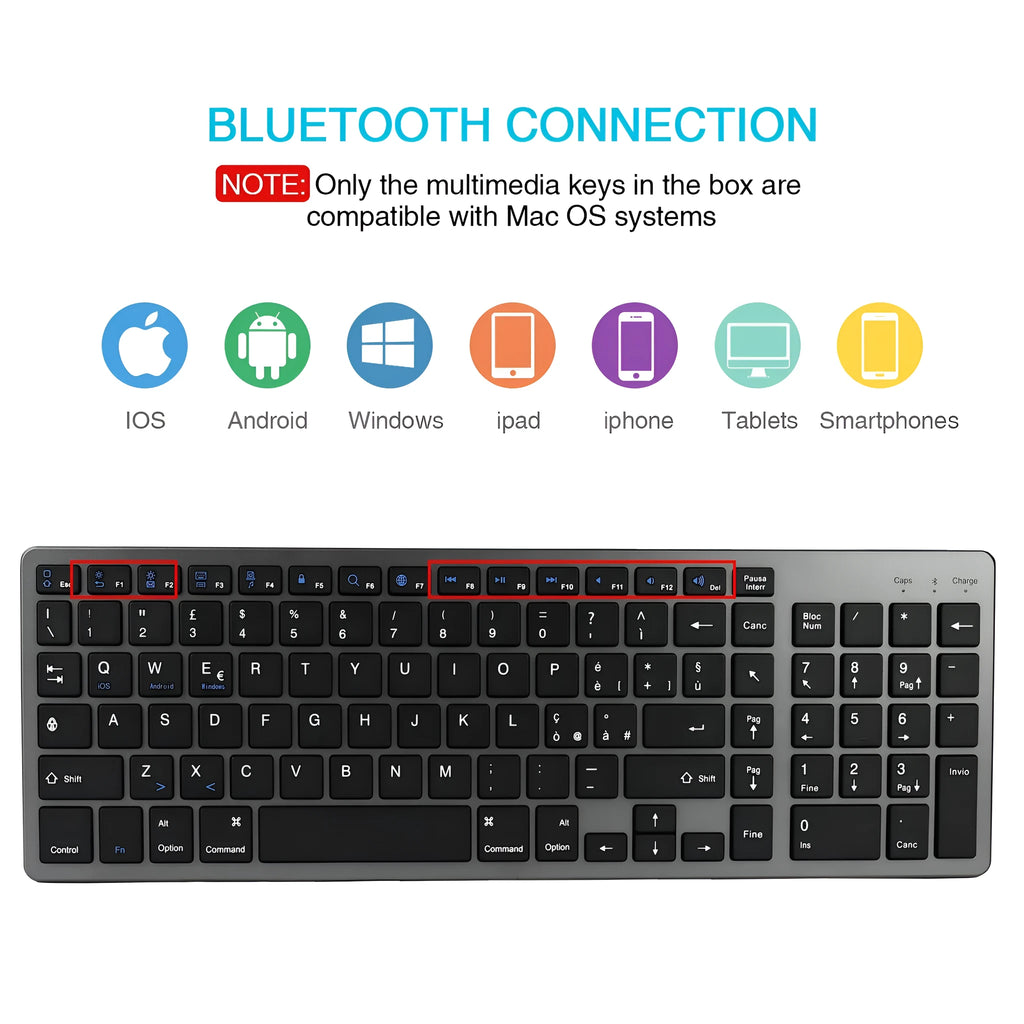 White universal Bluetooth keyboard for iPad tablets with 104 keys and ultra-thin design