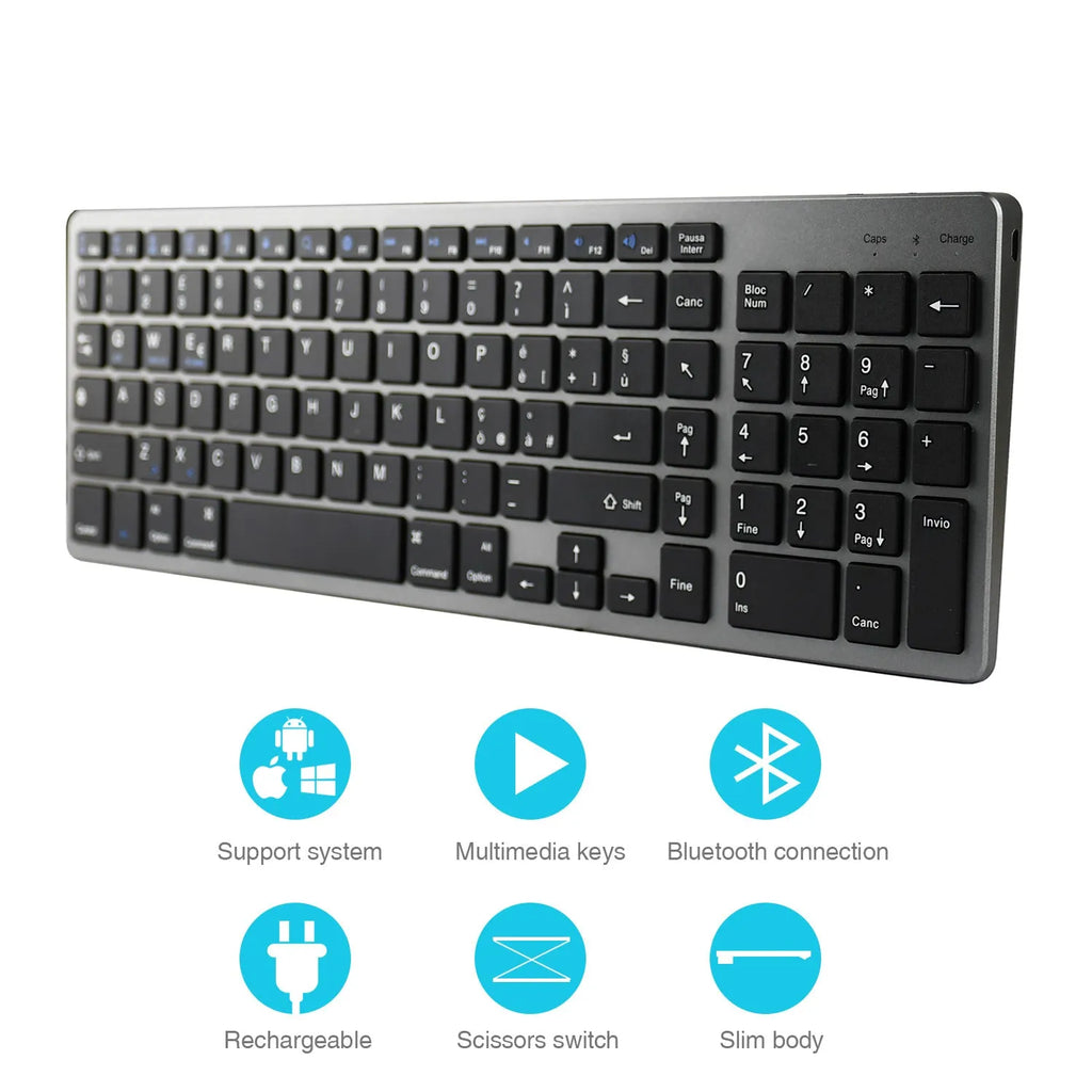 White universal Bluetooth keyboard for iPad tablets with 104 keys and ultra-thin design