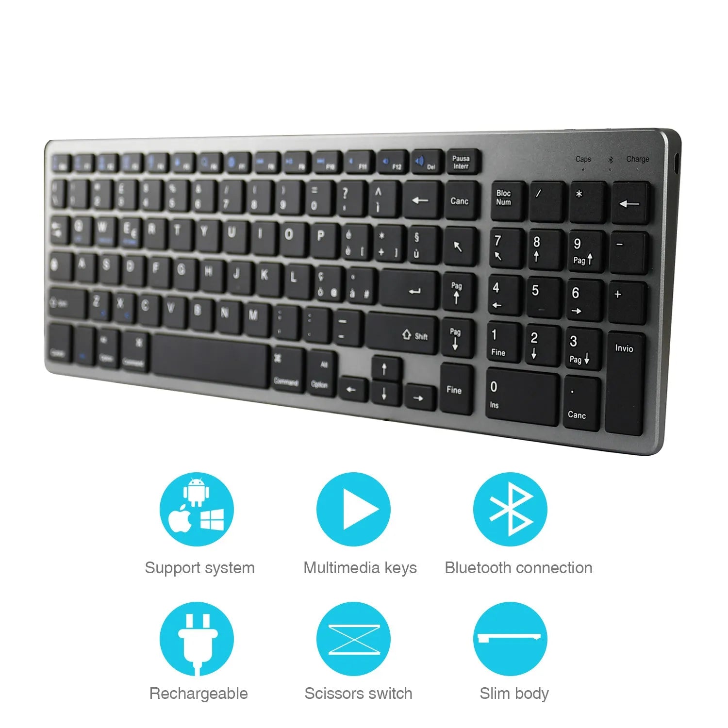White universal Bluetooth keyboard for iPad tablets with 104 keys and ultra-thin design