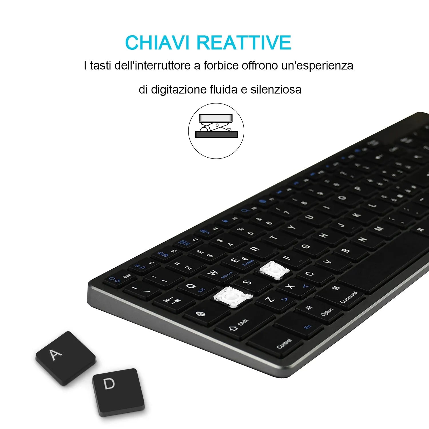 White universal Bluetooth keyboard for iPad tablets with 104 keys and ultra-thin design