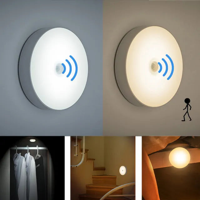USB rechargeable motion sensor LED night light in beige or white with 86mm diameter compact design