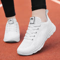 Women's white high-top casual shoes with flat board design and back lacing