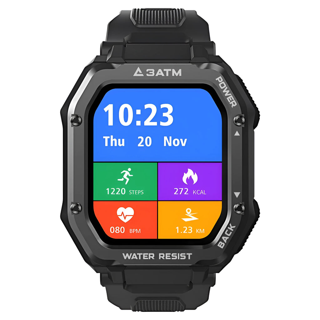 Outdoor smart watch with 1.69-inch screen showing sports tracking interface on silicone wristband