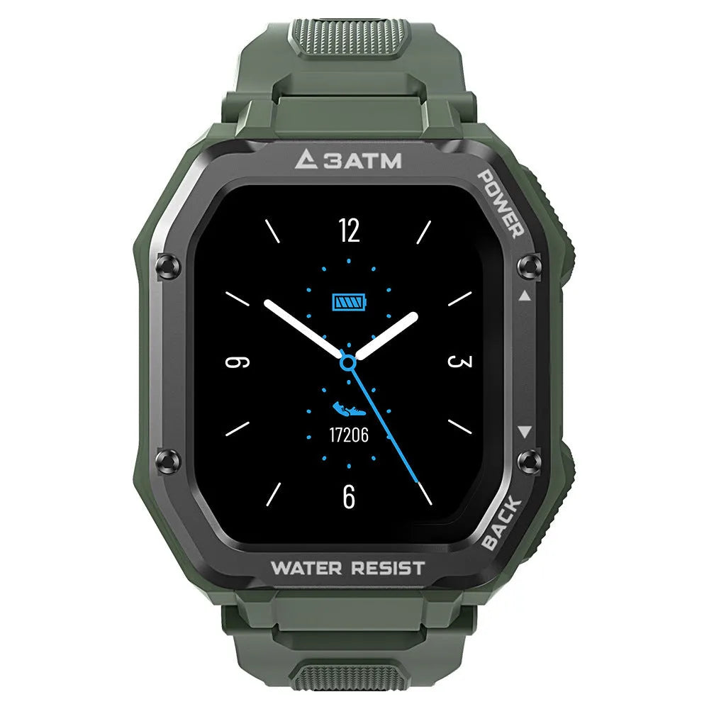 Outdoor smart watch with 1.69-inch screen showing sports tracking interface on silicone wristband
