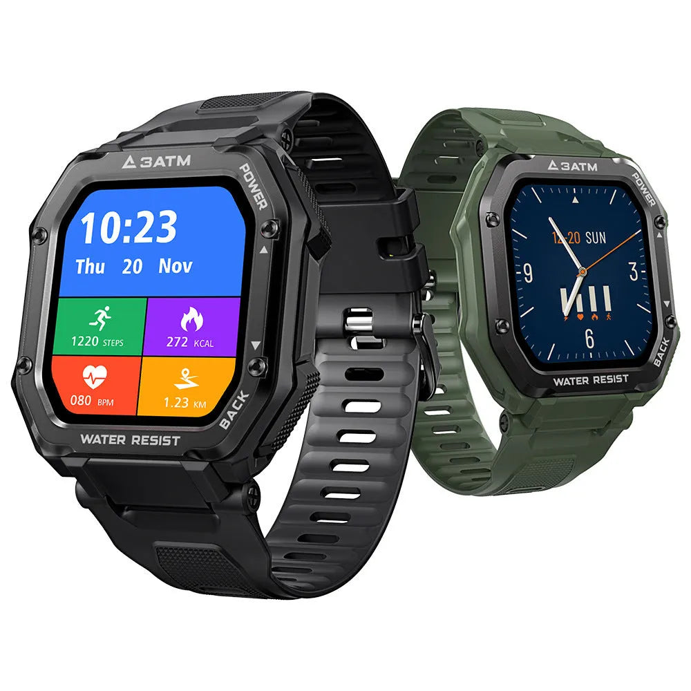Outdoor smart watch with 1.69-inch screen showing sports tracking interface on silicone wristband