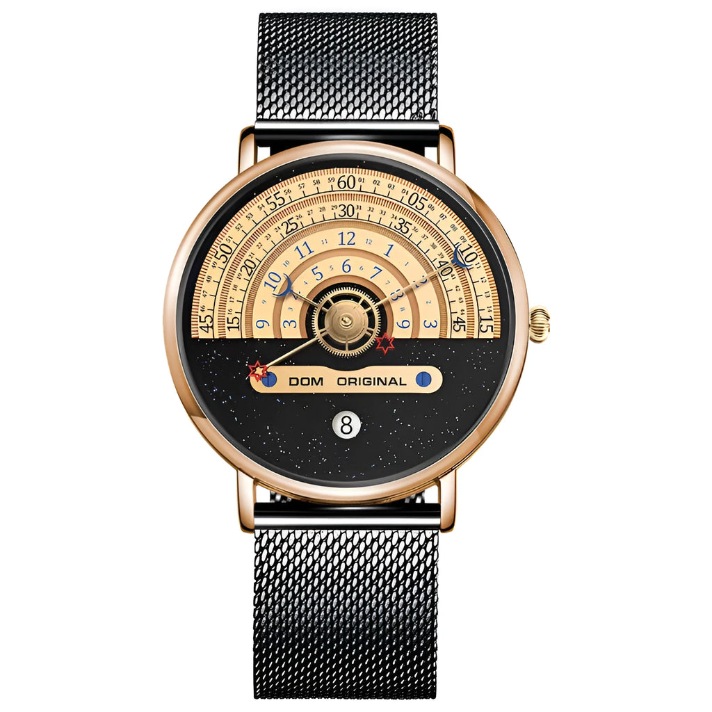 Men's gold or silver quartz wristwatch with 40mm round dial and stainless steel or leather strap