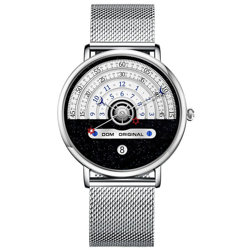 Men's gold or silver quartz wristwatch with 40mm round dial and stainless steel or leather strap