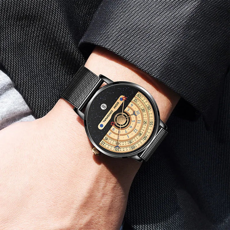Men's gold or silver quartz wristwatch with 40mm round dial and stainless steel or leather strap