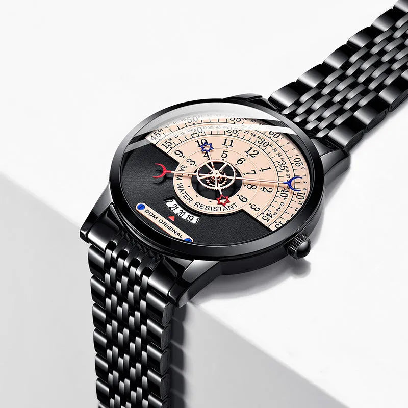 Men's gold or silver quartz wristwatch with 40mm round dial and stainless steel or leather strap