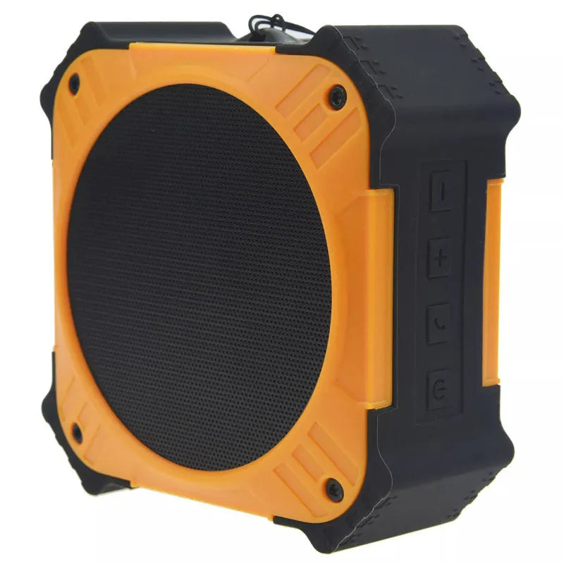 Black or blue waterproof portable Bluetooth speaker with wrist strap, shown next to charging cable.
