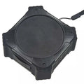 Black or blue waterproof portable Bluetooth speaker with wrist strap, shown next to charging cable.
