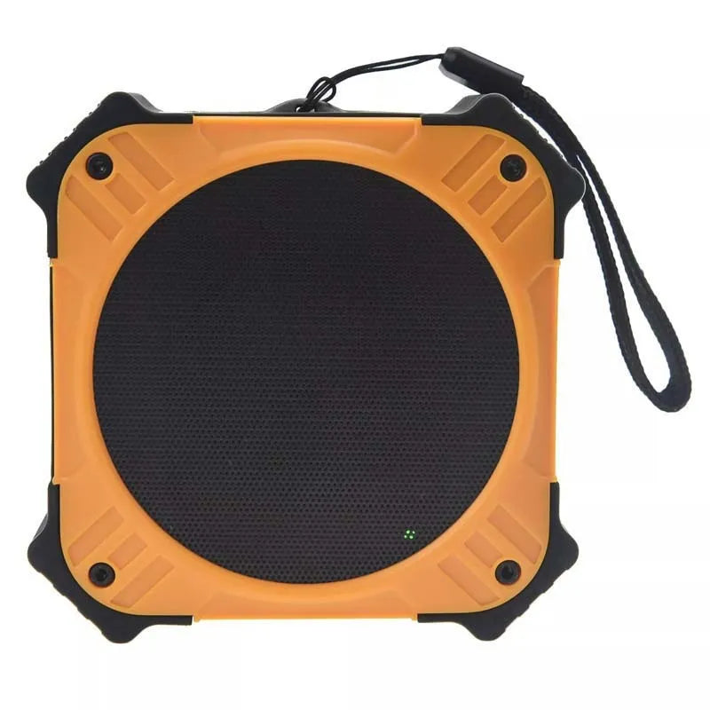 Black or blue waterproof portable Bluetooth speaker with wrist strap, shown next to charging cable.
