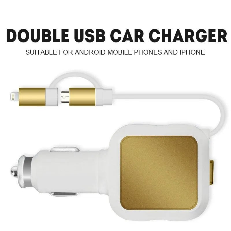 Black and gold dual USB car charger with retractable cable shown plugged into vehicle socket