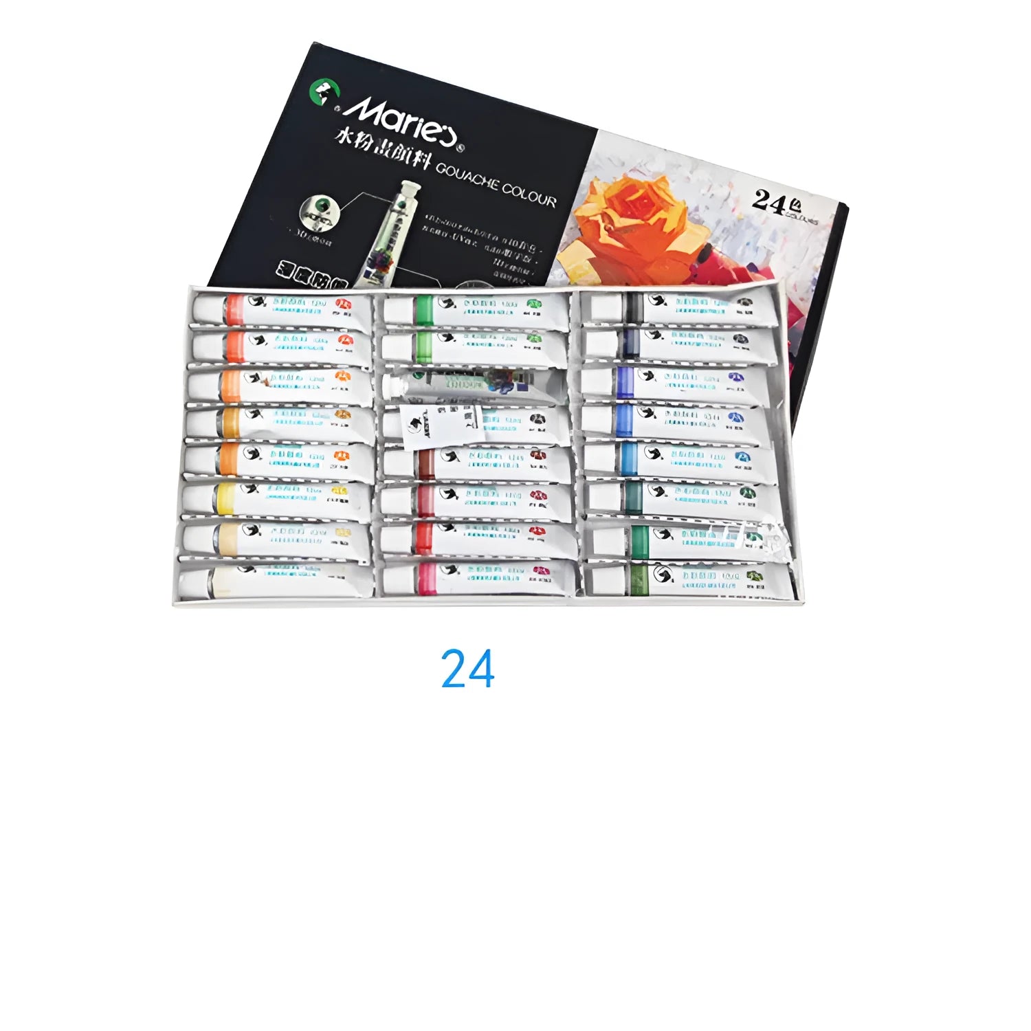 Marley gouache paint set showing tubes in 12, 18, 24 and 36 colour options