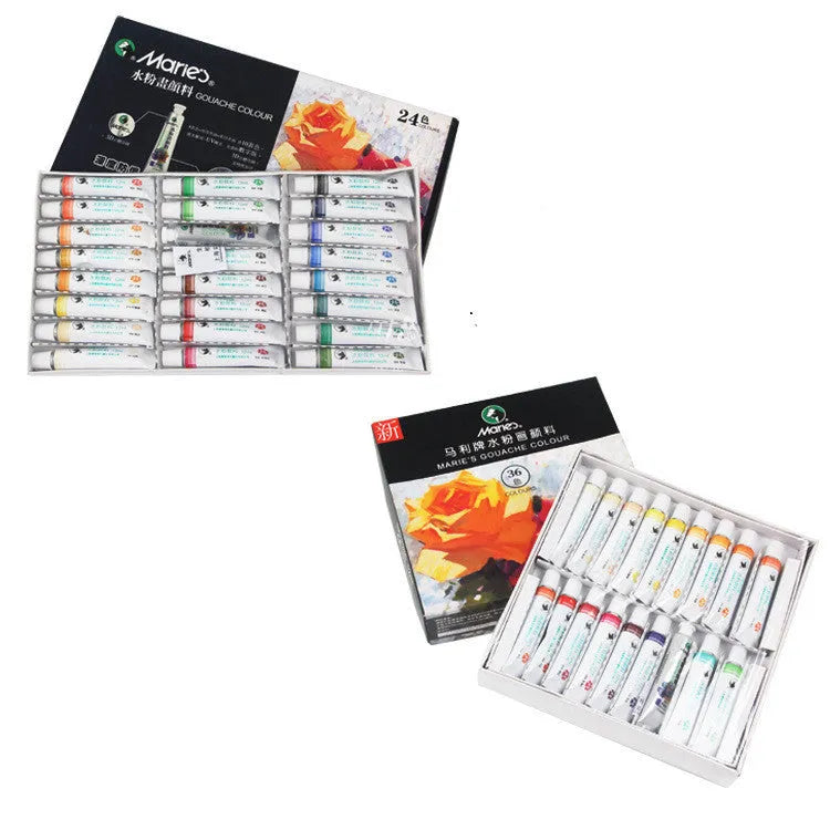 Marley gouache paint set showing tubes in 12, 18, 24 and 36 colour options
