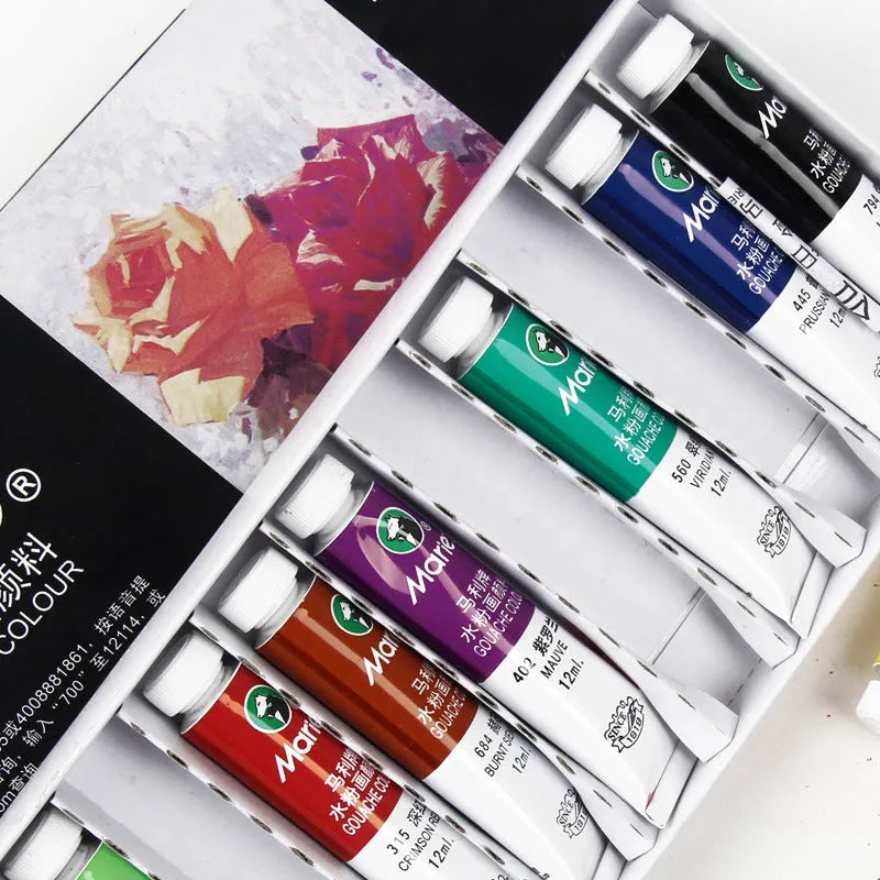 Marley gouache paint set showing tubes in 12, 18, 24 and 36 colour options