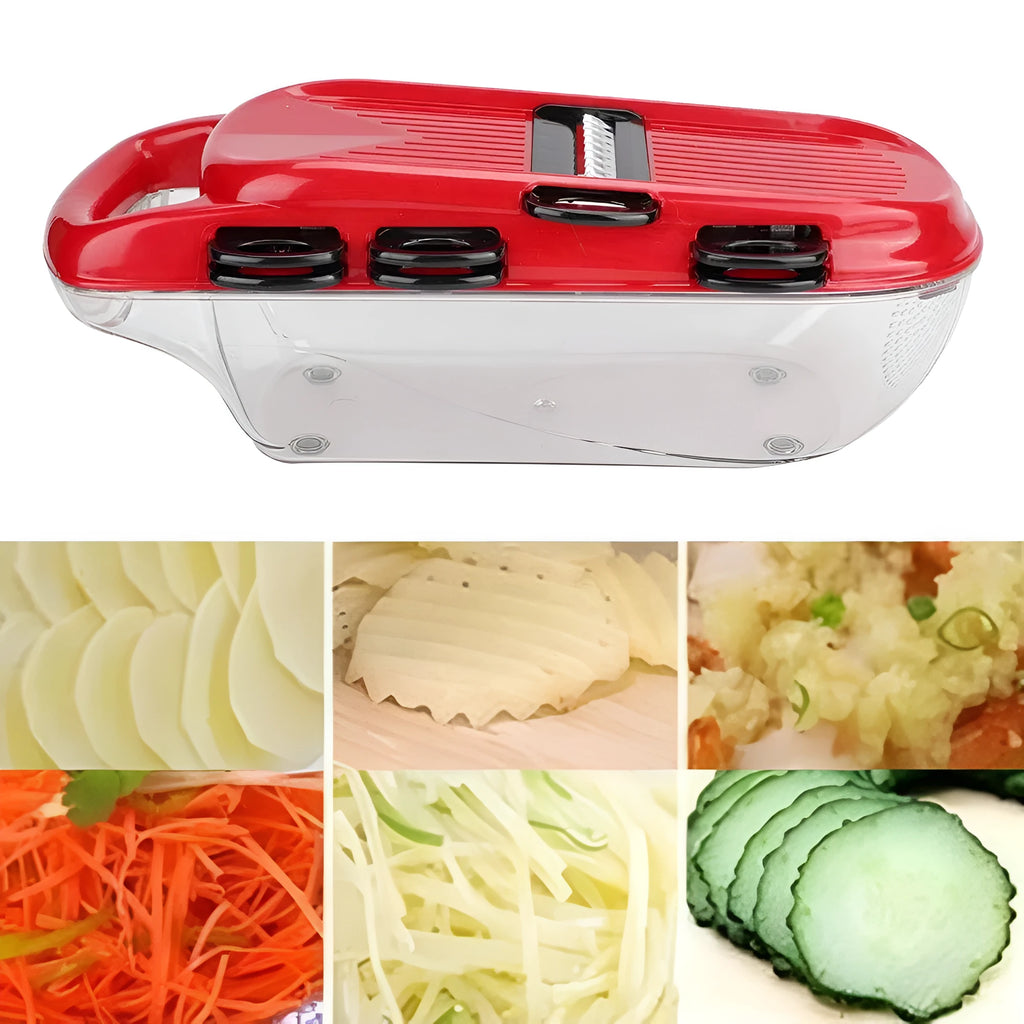 Red multi-function vegetable cutter with stainless steel blades, PET container, and hand guard.