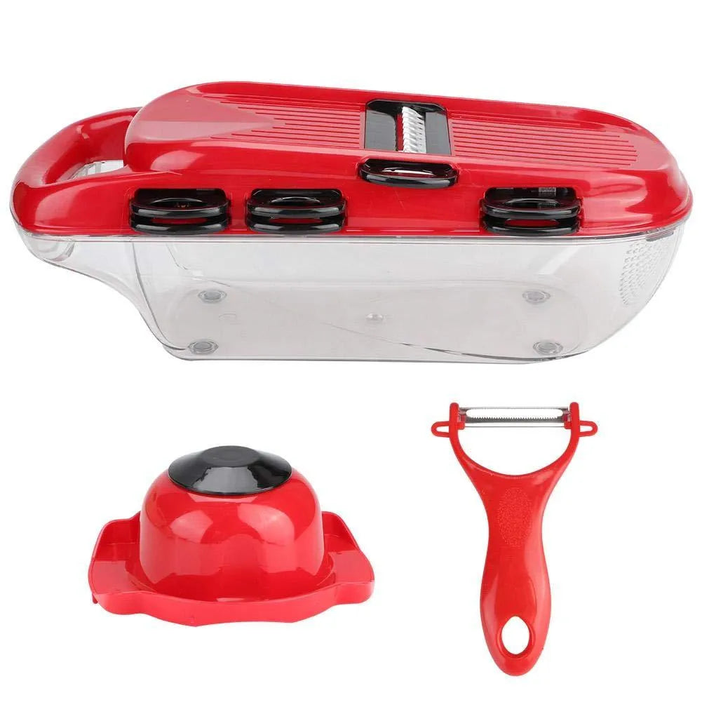 Red multi-function vegetable cutter with stainless steel blades, PET container, and hand guard.