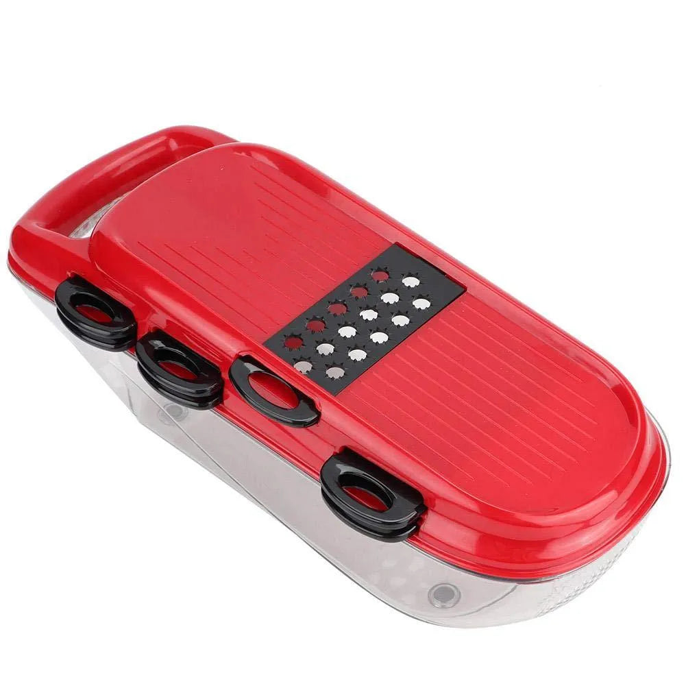 Red multi-function vegetable cutter with stainless steel blades, PET container, and hand guard.
