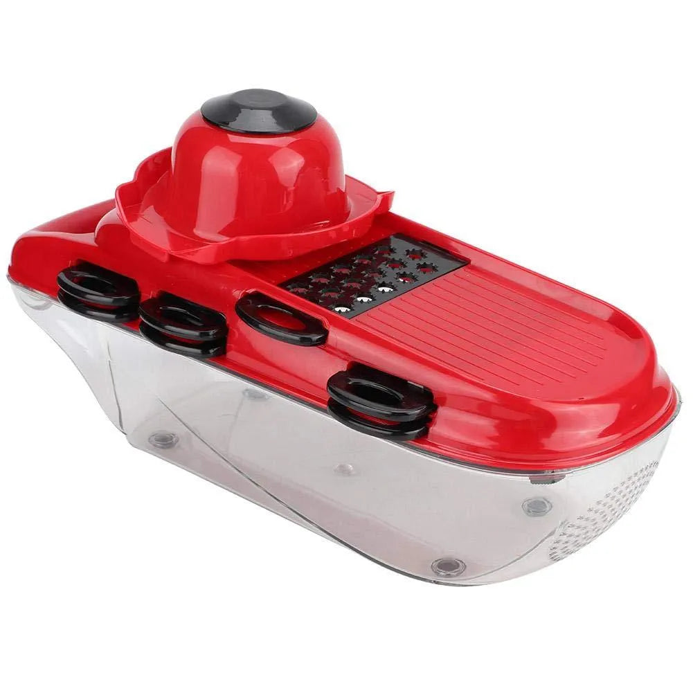 Red multi-function vegetable cutter with stainless steel blades, PET container, and hand guard.