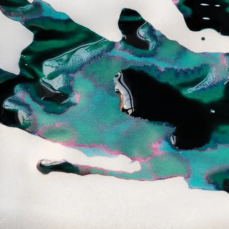 Sheen gradient fountain pen ink with gold powder finish in Red Tide and Truffle colours