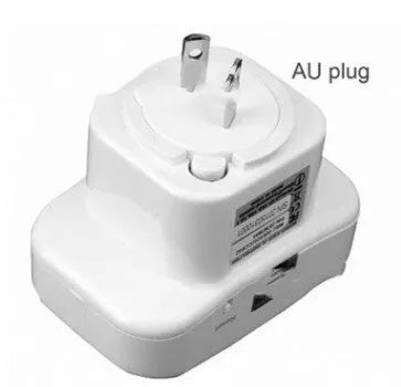 Black and white WiFi repeater with multiple international plugs including UK, US, EU and AU sockets
