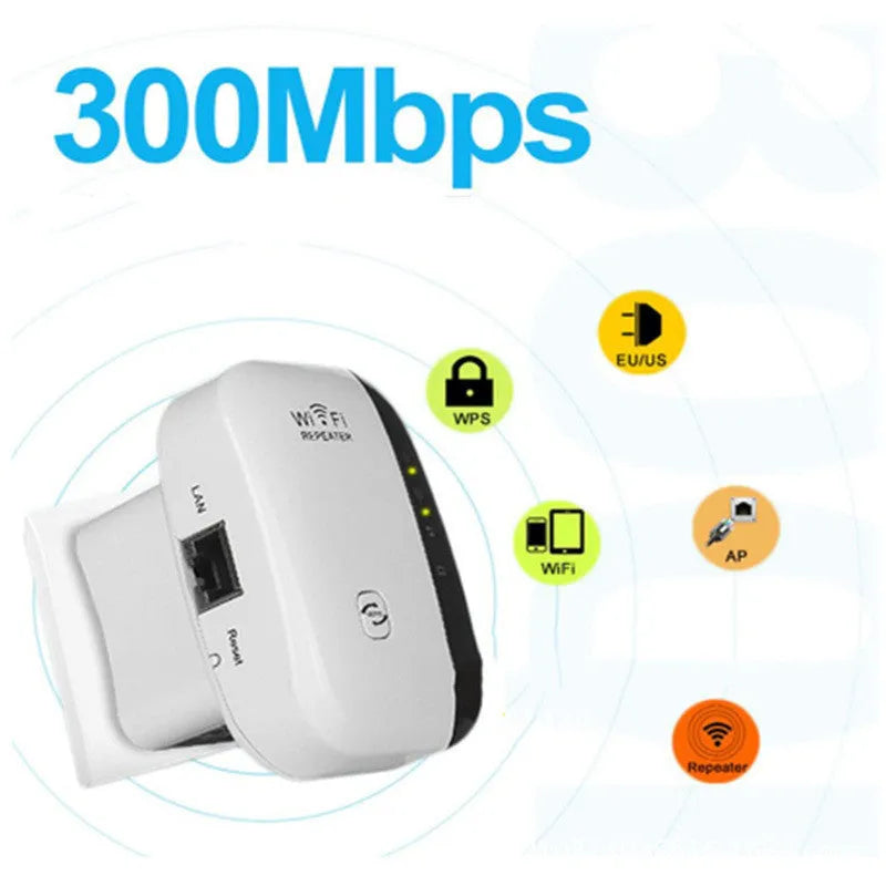 Black and white WiFi repeater with multiple international plugs including UK, US, EU and AU sockets