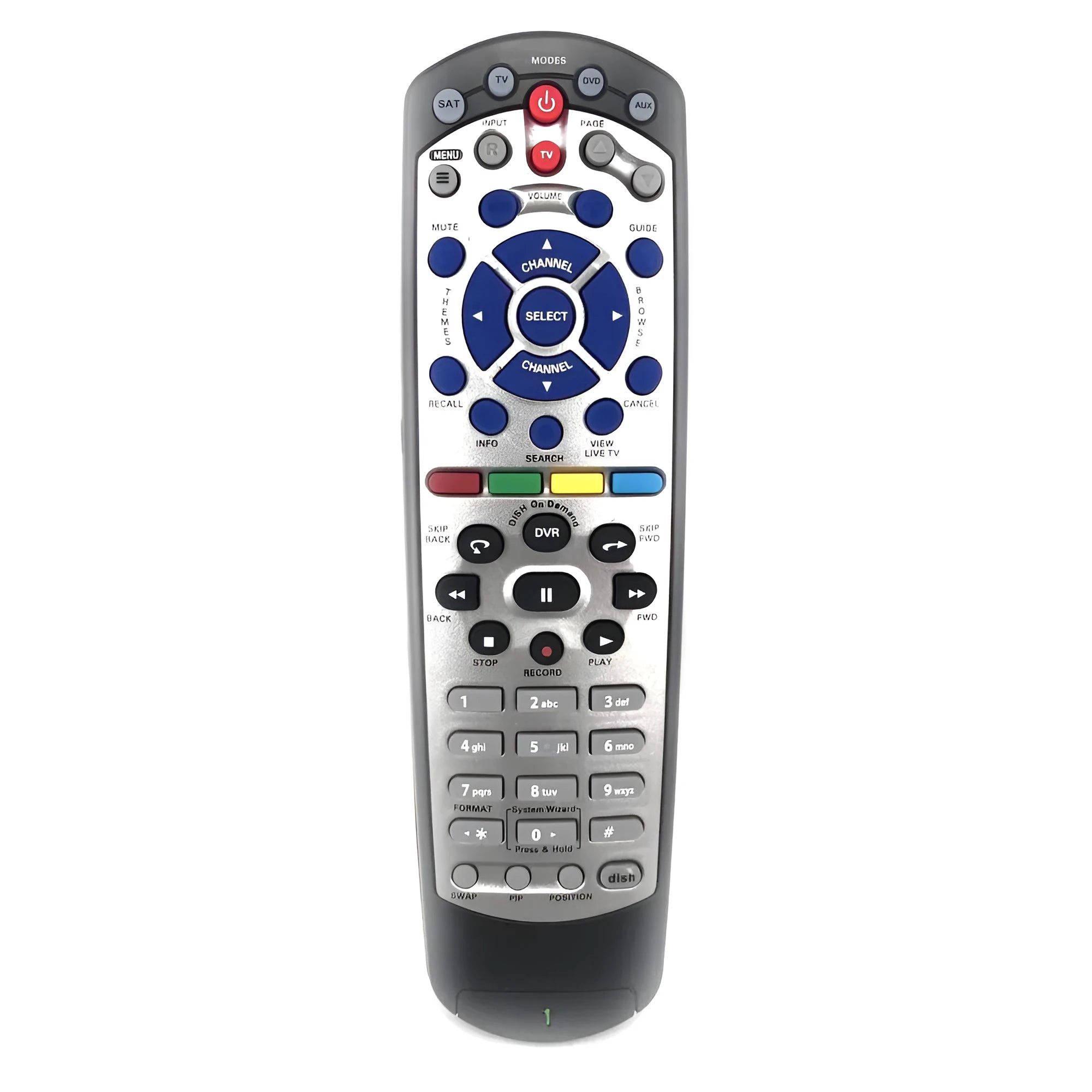 Black DISH Network universal flat remote control compatible with model 20.1 satellite receivers.