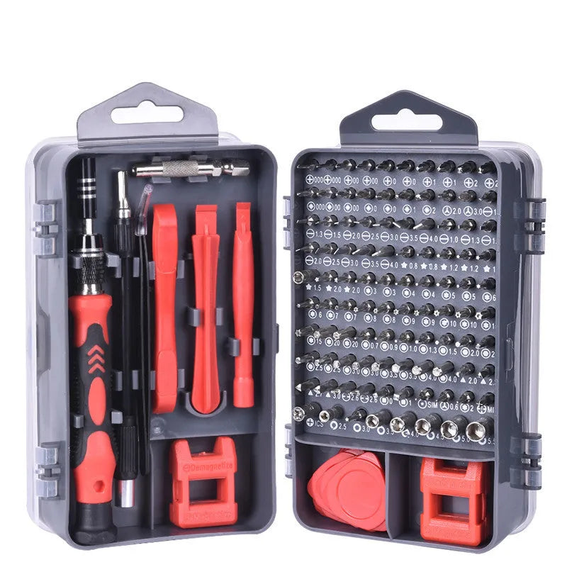 117 in 1 magnetic CRV screwdriver tool set with flexible extension rod in black, blue, and red box options.