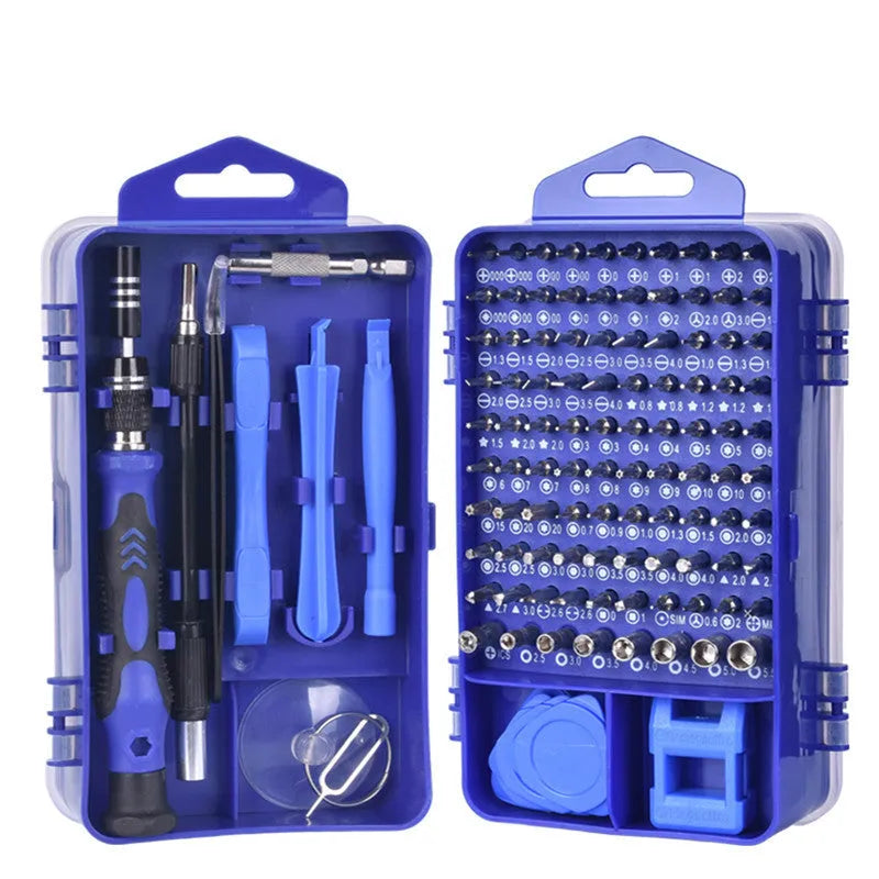 117 in 1 magnetic CRV screwdriver tool set with flexible extension rod in black, blue, and red box options.