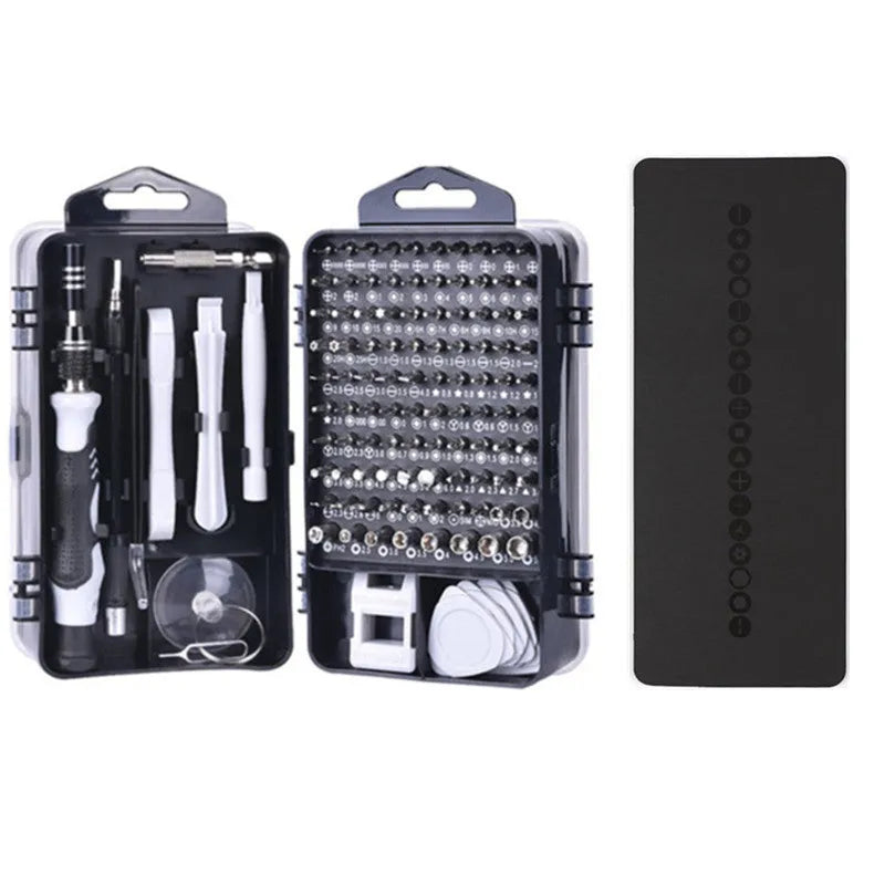 117 in 1 magnetic CRV screwdriver tool set with flexible extension rod in black, blue, and red box options.