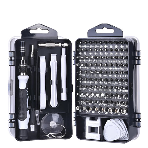 117 in 1 magnetic CRV screwdriver tool set with flexible extension rod in black, blue, and red box options.