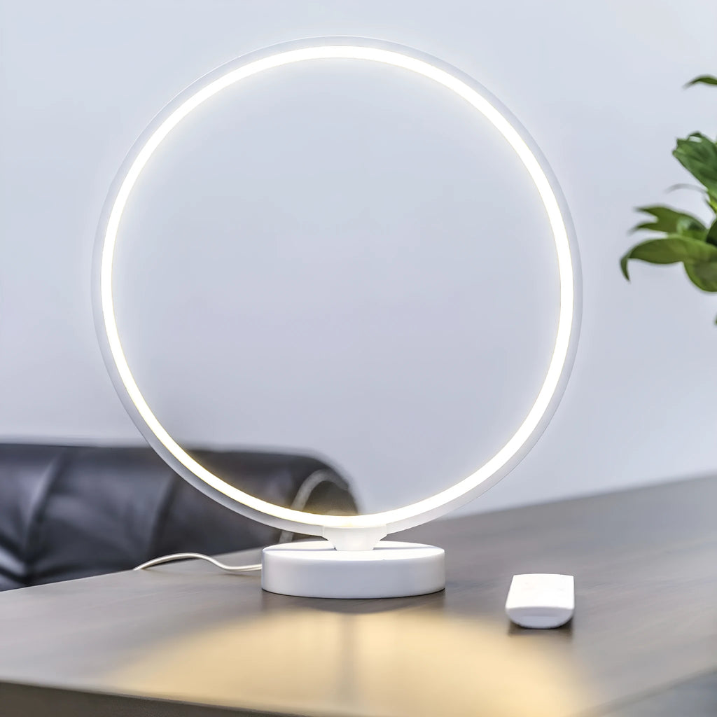 White Full Moon Lamp table lamp with remote control on wooden surface