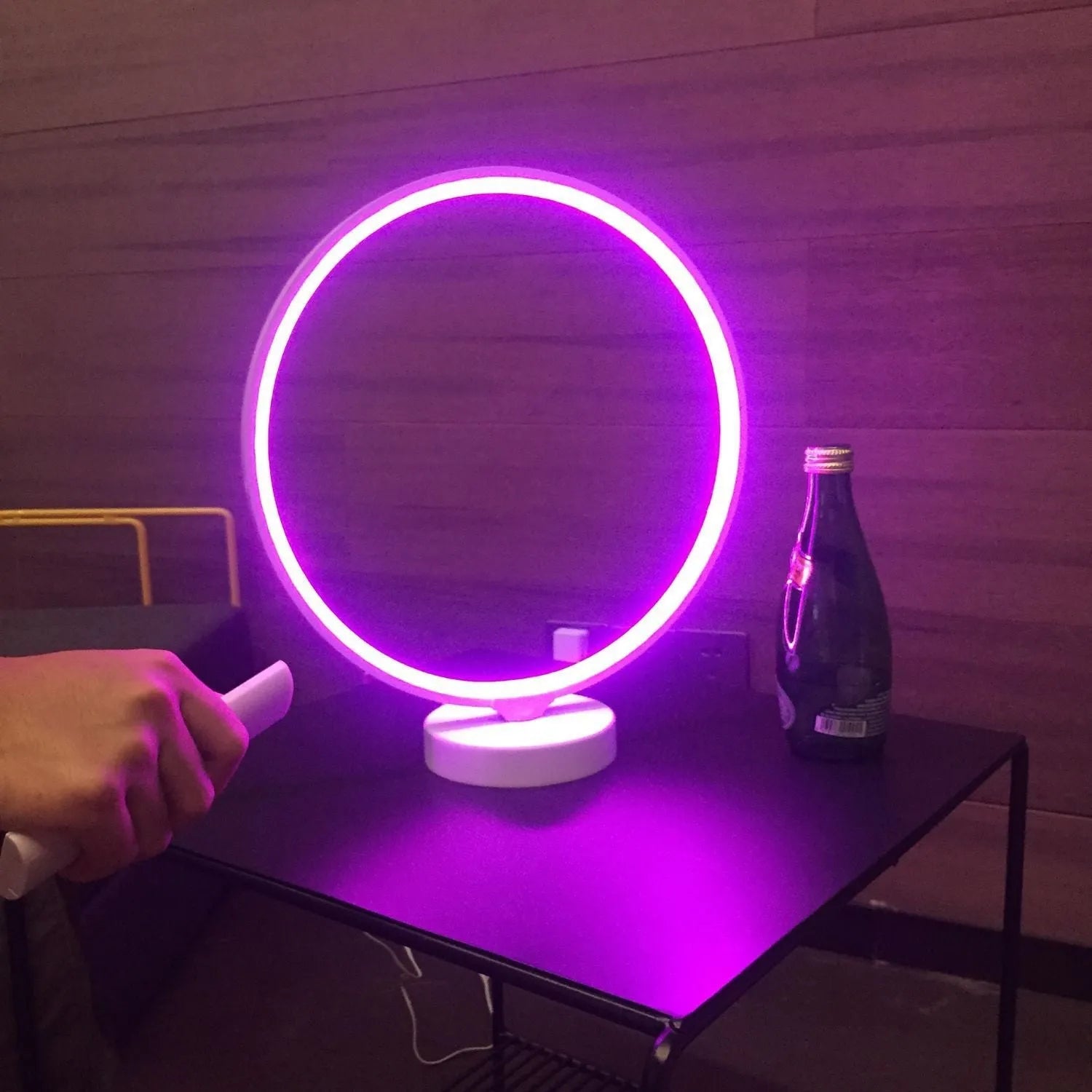 White Full Moon Lamp table lamp with remote control on wooden surface