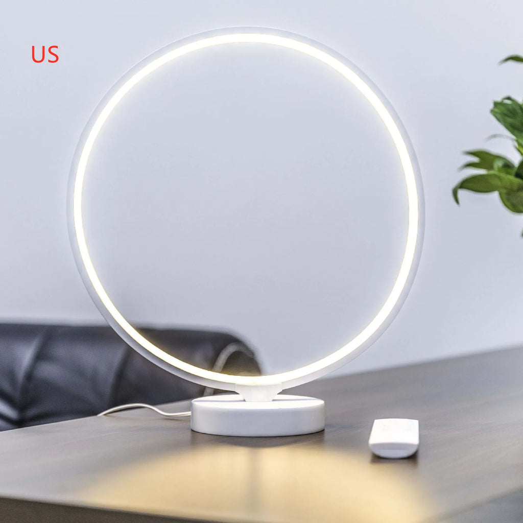 White Full Moon Lamp table lamp with remote control on wooden surface