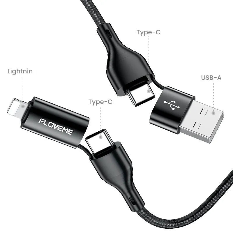 Black braided 4-in-1 fast charging data cable with USB-C and Lightning connectors on a 1-metre length.