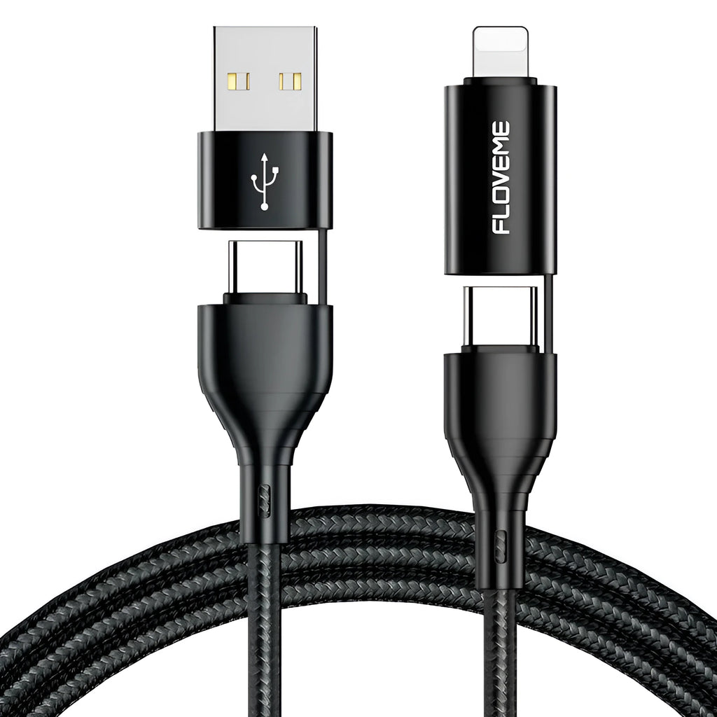 Black braided 4-in-1 fast charging data cable with USB-C and Lightning connectors on a 1-metre length.