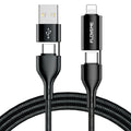 Black braided 4-in-1 fast charging data cable with USB-C and Lightning connectors on a 1-metre length.
