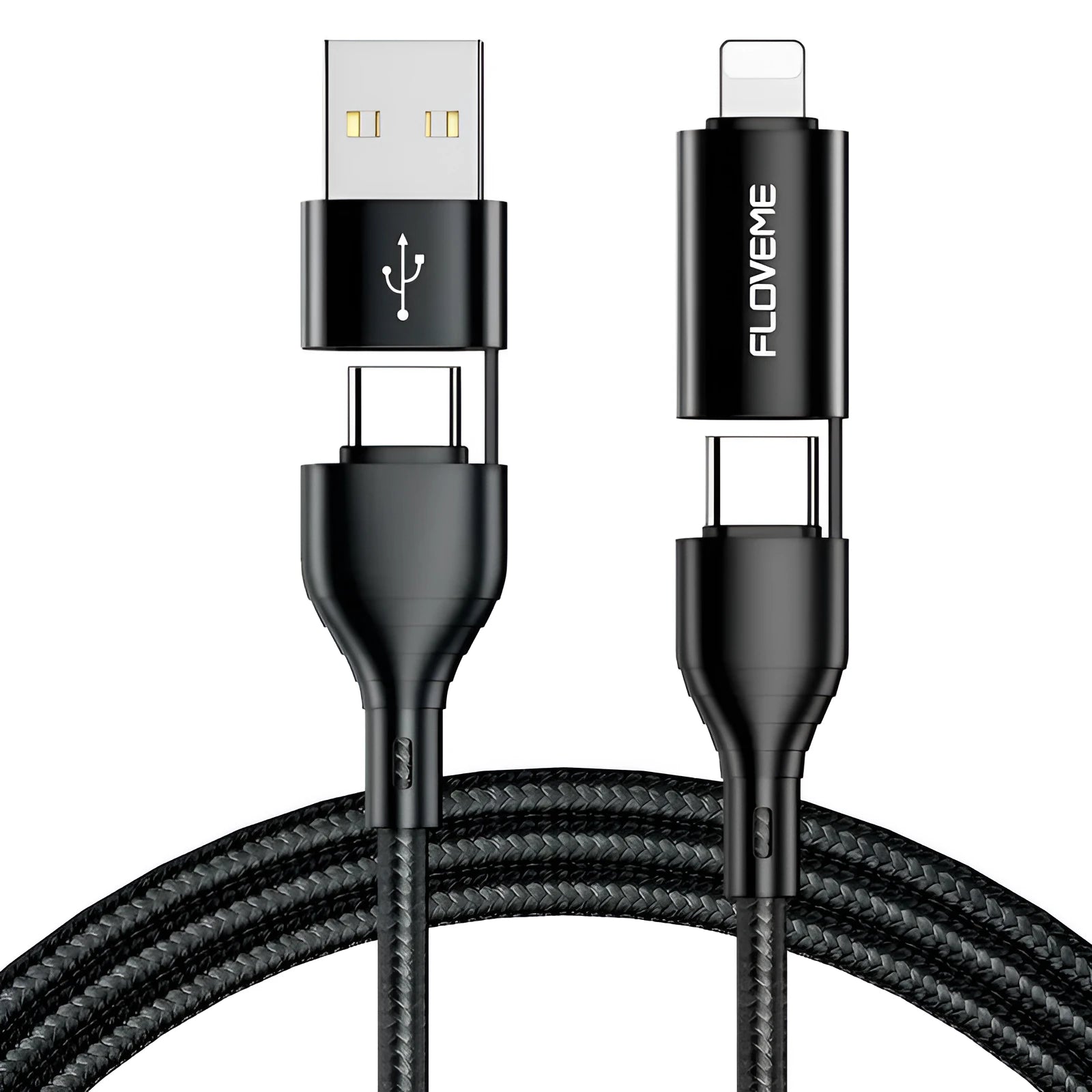 Black braided 4-in-1 fast charging data cable with USB-C and Lightning connectors on a 1-metre length.