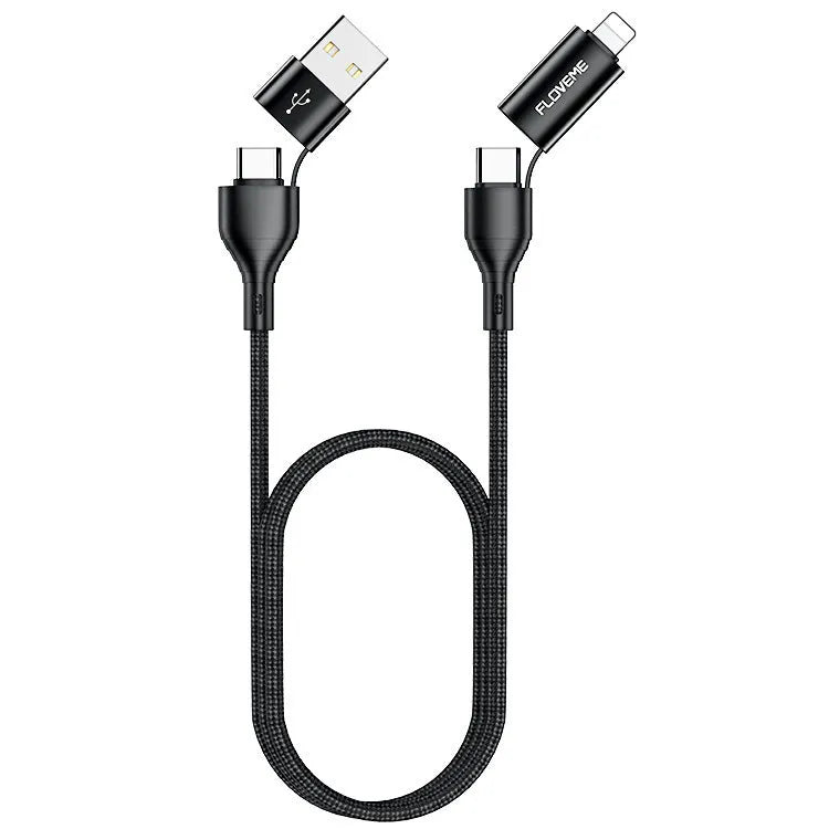 Black braided 4-in-1 fast charging data cable with USB-C and Lightning connectors on a 1-metre length.