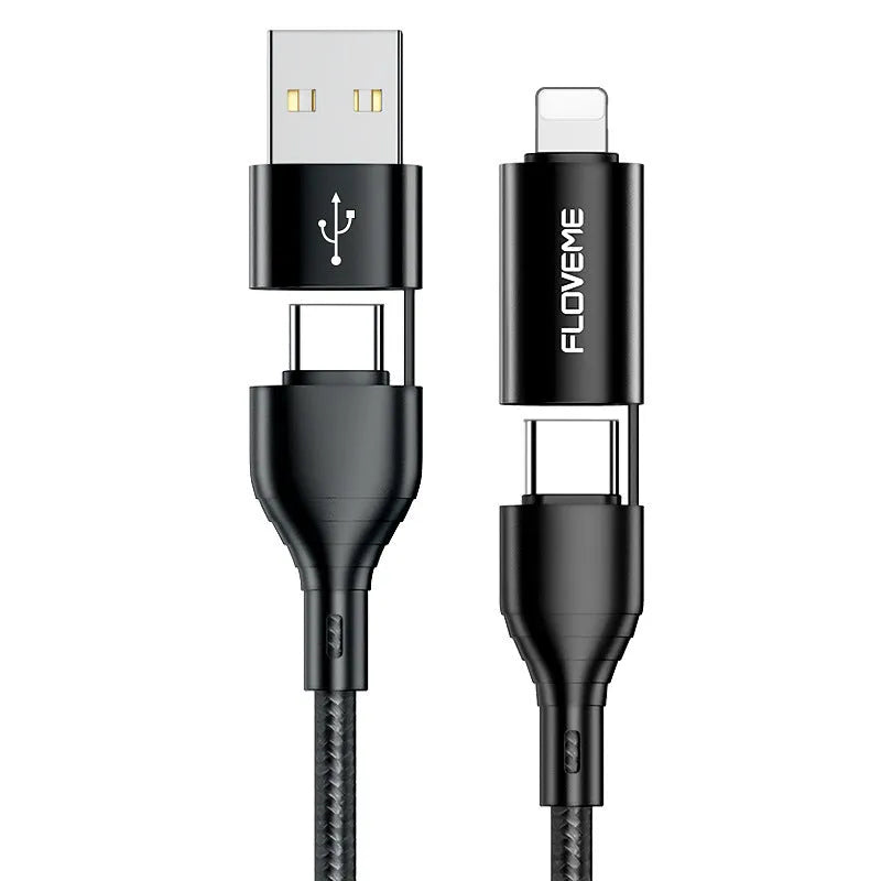 Black braided 4-in-1 fast charging data cable with USB-C and Lightning connectors on a 1-metre length.