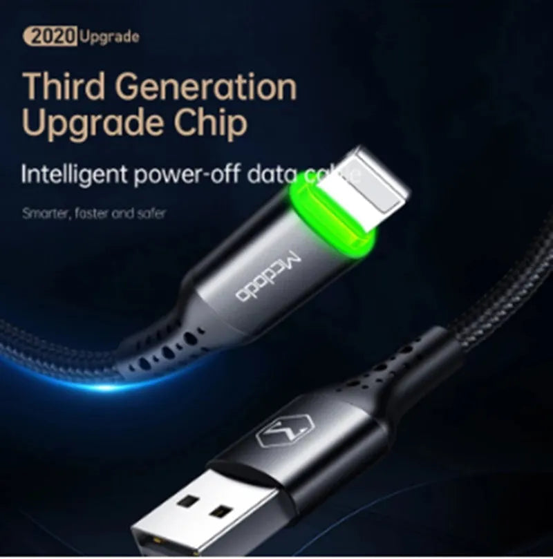 Black Apple-compatible charging cable with dual-colour LED lights showing orange and green indicators