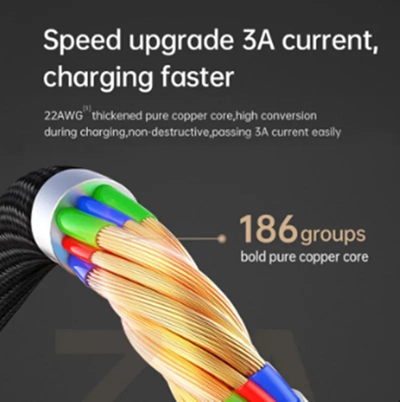 Black Apple-compatible charging cable with dual-colour LED lights showing orange and green indicators