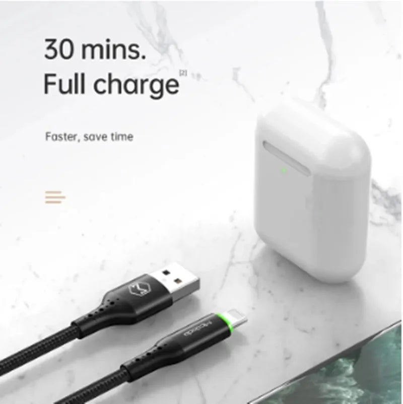 Black Apple-compatible charging cable with dual-colour LED lights showing orange and green indicators